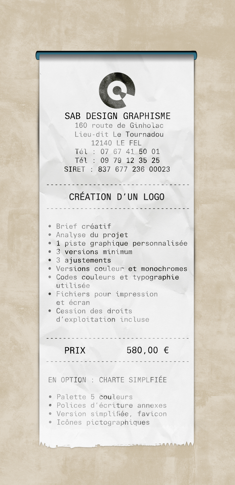 Ticket tarifaire Sab Design Graphisme – création d’un logo avec déclinaisons, fichiers print et web et cession des droits