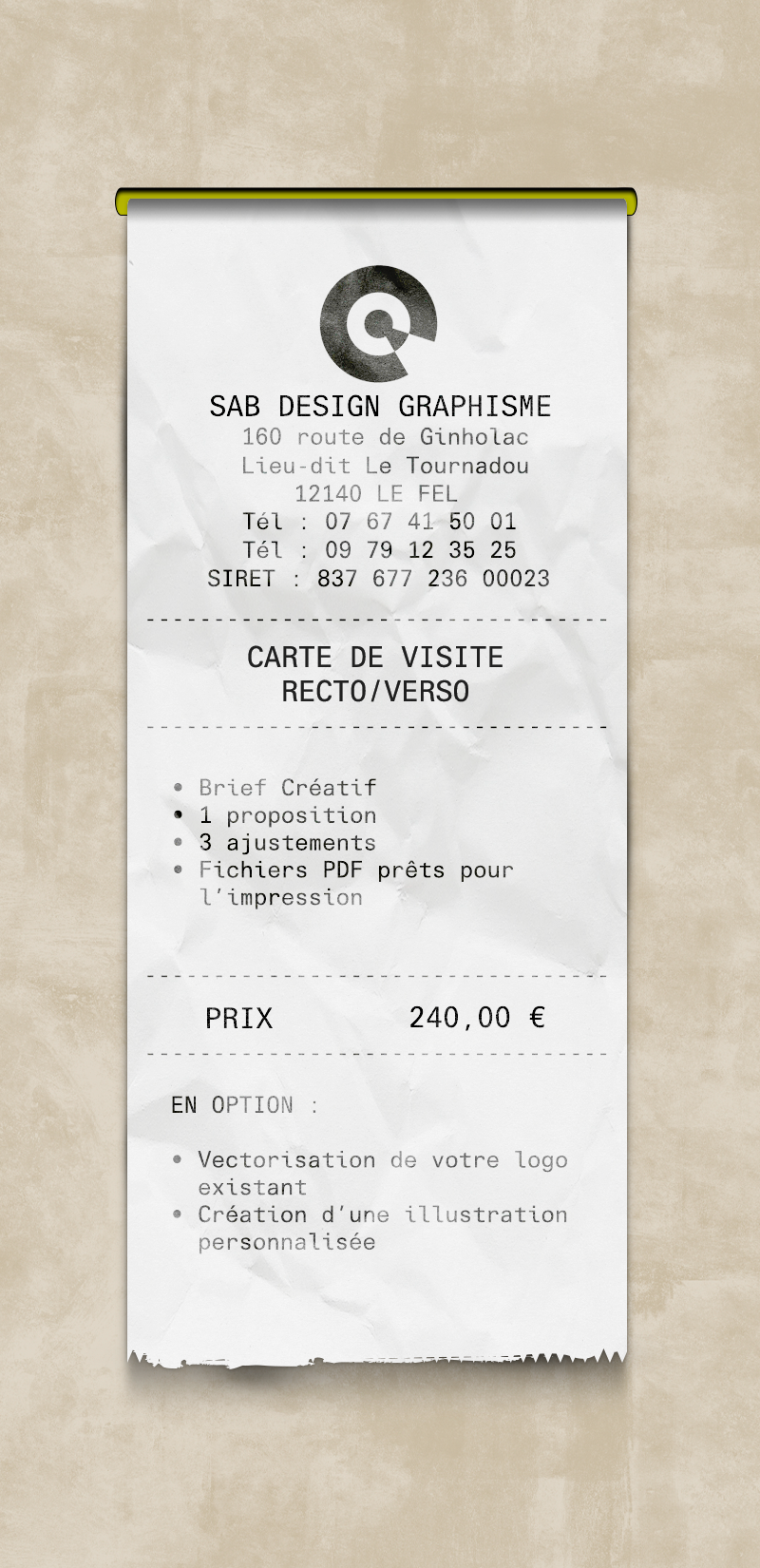 Ticket tarifaire Sab Design Graphisme – création de carte de visite recto verso avec détail des prestations et prix