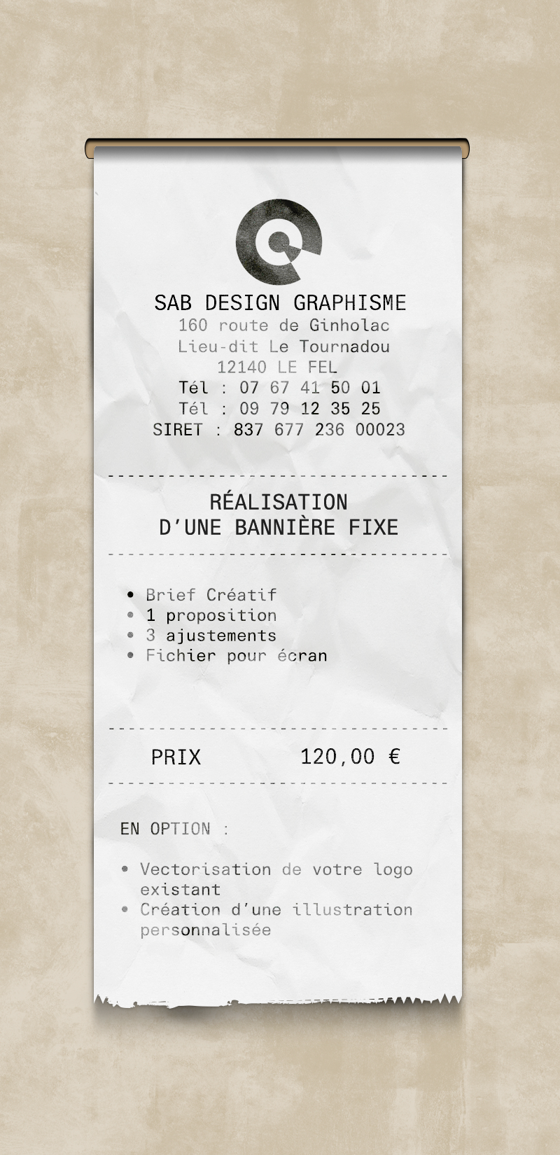 Ticket tarifaire Sab Design Graphisme – réalisation d’une bannière fixe avec détail des prestations et prix
