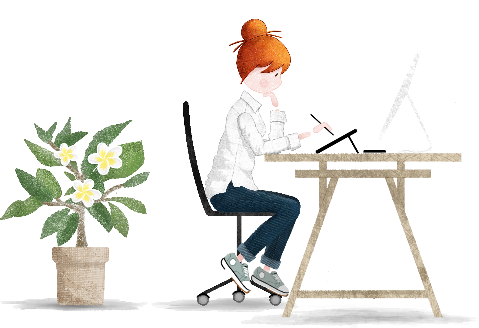 Illustration d’une graphiste illustratrice freelance travaillant sur une tablette graphique à son bureau