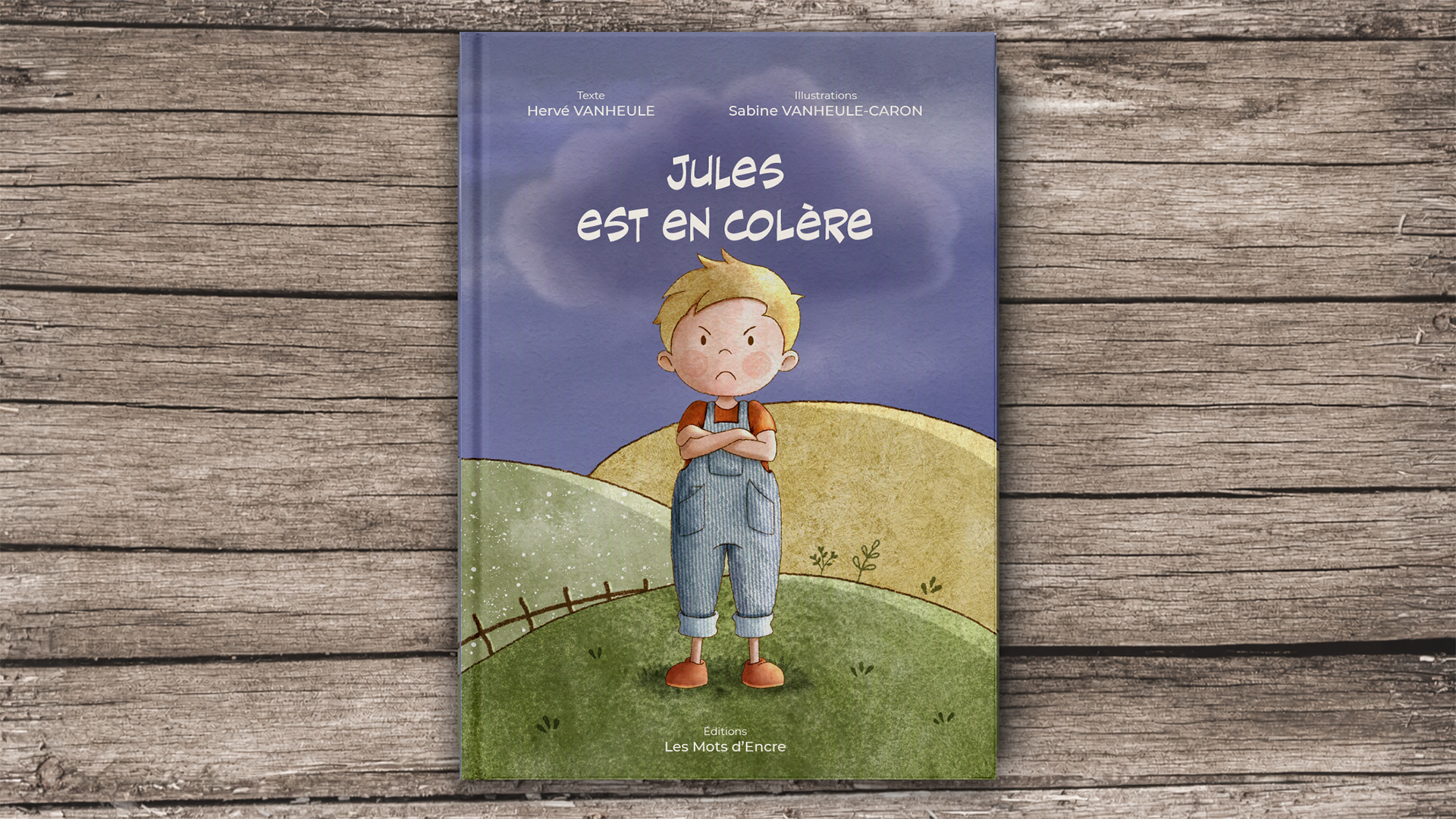 Couverture illustrée – Jules est en colère Couverture illustrée du livre jeunesse “Jules est en colère” représentant un petit garçon en colère dans un univers doux et poétique